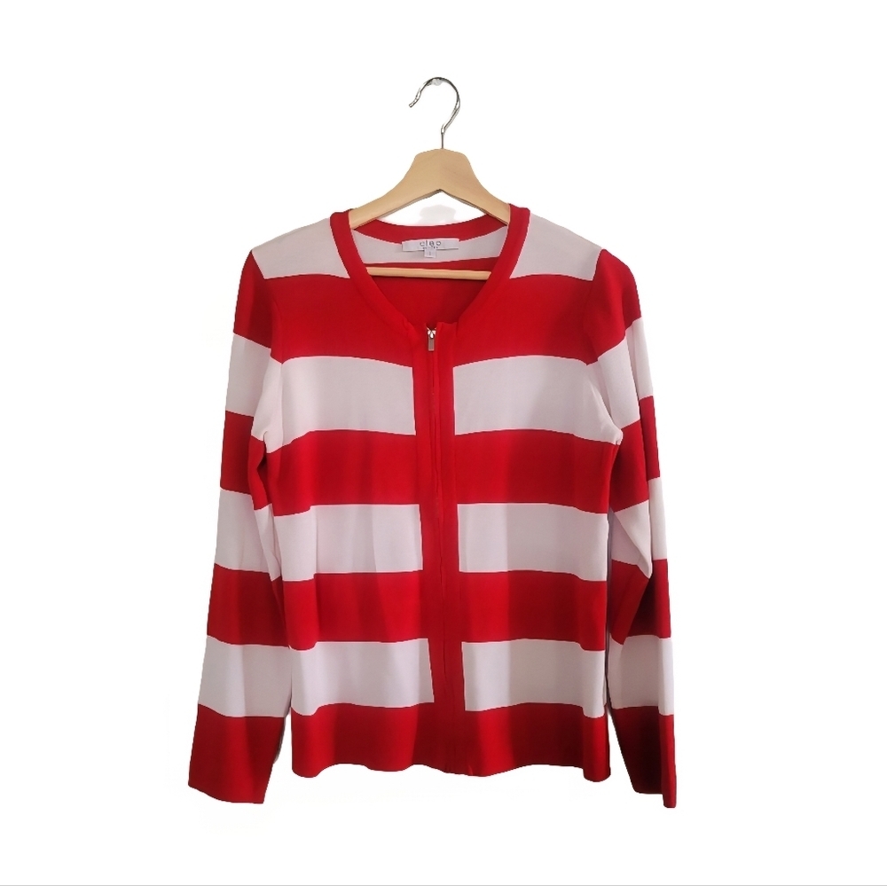 EUC CLEO Zip-front Striped Lightweight Cardigan Sweater Red White Size L Classic